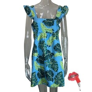 Draper‎ James Maddie Dress Womens Large Blue Floral Mini Baby Doll 100% Linen